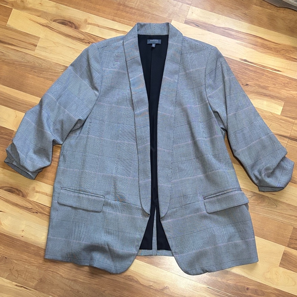 Madison Gray Plaid Curvy Blazer, 2X